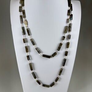 Artisanal Labradorite Necklace 
14K Gold Filled wire, links, and filigree clasp